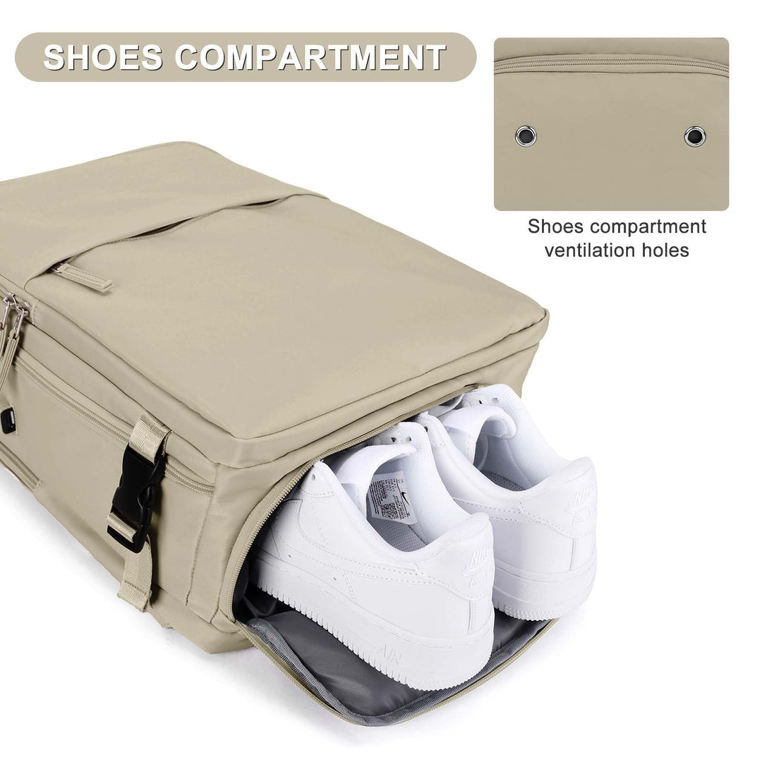 coofay Backpack, Laptop Travel Daypack for Women & Men, Airline Approved Carry On, 15.6'' Laptop Compartment, Waterproof, Anti-Theft, USB Port, Shoes Compartment, 2L, Khaki