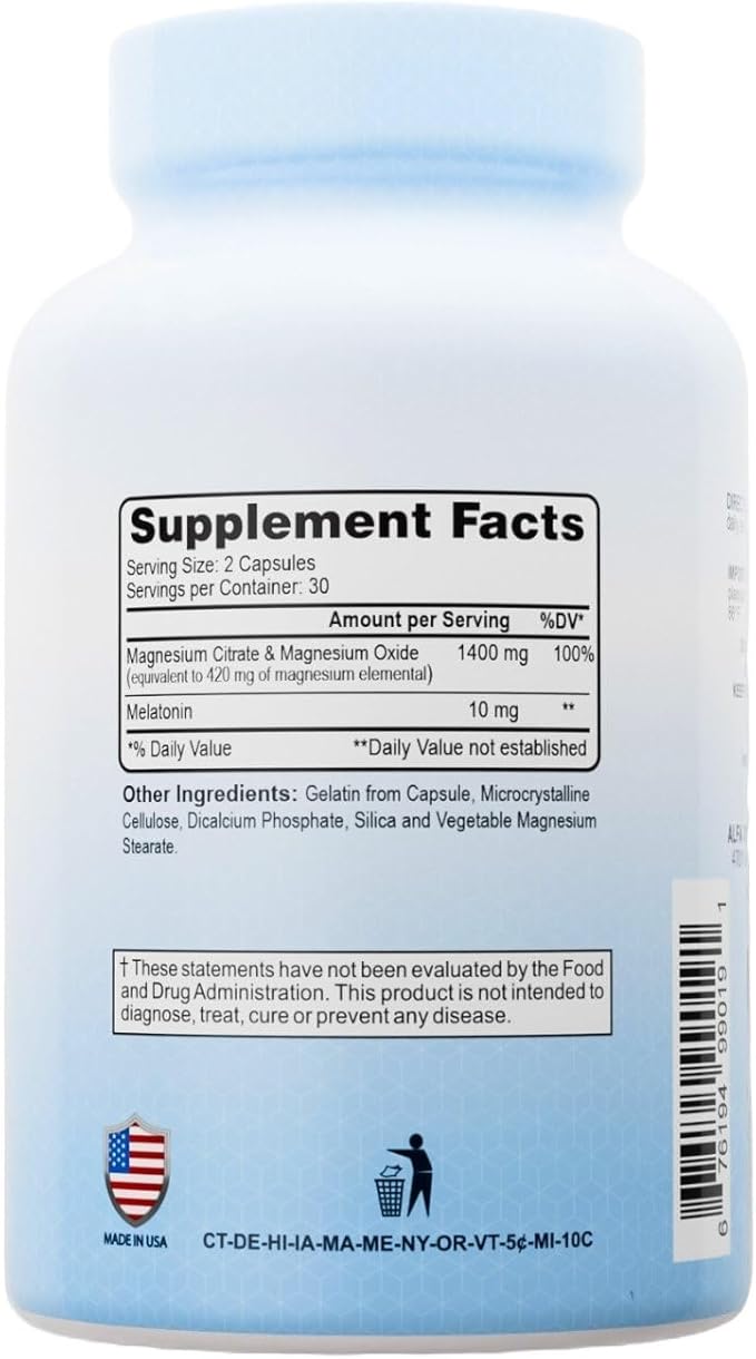 Magnesium Plus Melatonin 10 mg Sleep Supplement by Alfa Vitamins for Sleep Improvement and Relaxation, 60 Capsules