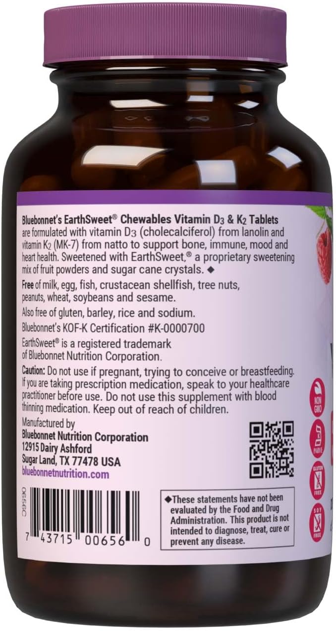 Bluebonnet Nutrition Vitamin D3 & K2 EarthSweet Chewable Tablets, for Immune, Mood & Heart Health*, Soy-Free, Gluten-Free, Non-GMO, Kosher Dairy, 60 Raspberry Flavor Chewable Tablets, 60 Servings