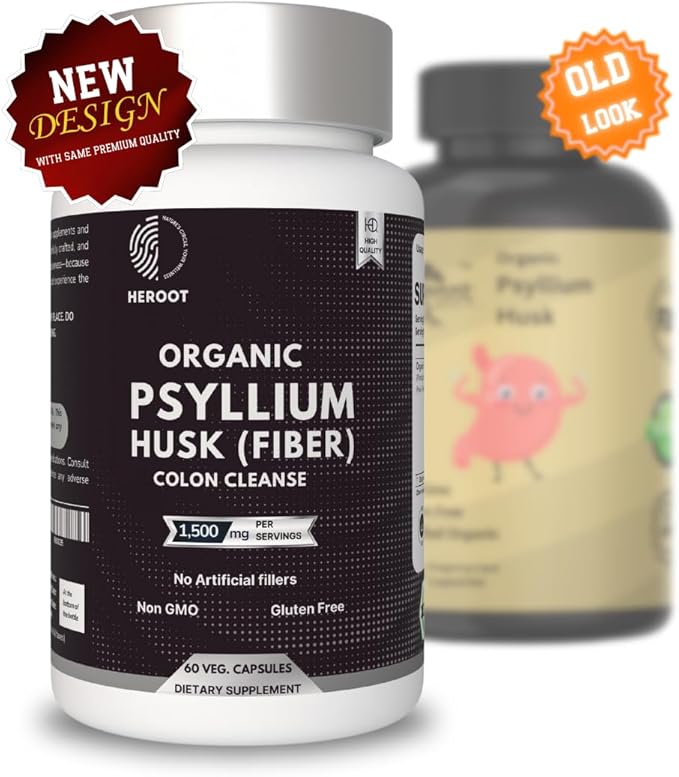 Psyllium Husk Fibre Capsules 1000mg (60 Caps) – Natural Digestive Supplement, unflavored, Gluten-Free, Non-GMO, Wheat & nut Free. Serving Size: 2 Capsules. for Men & Women.