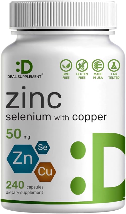 Deal Supplement Zinc 50mg with Selenium + Copper, 240 Capsules, 8 Month Supply, 3 in 1 Mineral Formula, Zinc Picolinate Complex Supplement, Supports Healthy Immune System for Adults and Kids