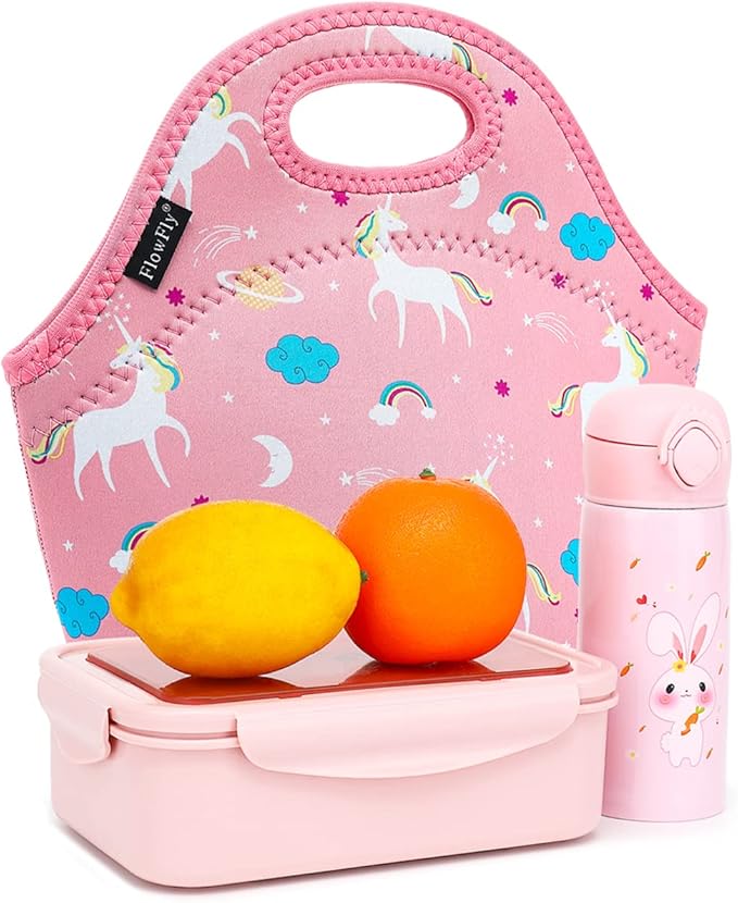 FlowFly Neoprene Lunch Tote Insulated Thermal Reusable Lunch Bag Box for Boys Men with Zipper,Unicorn