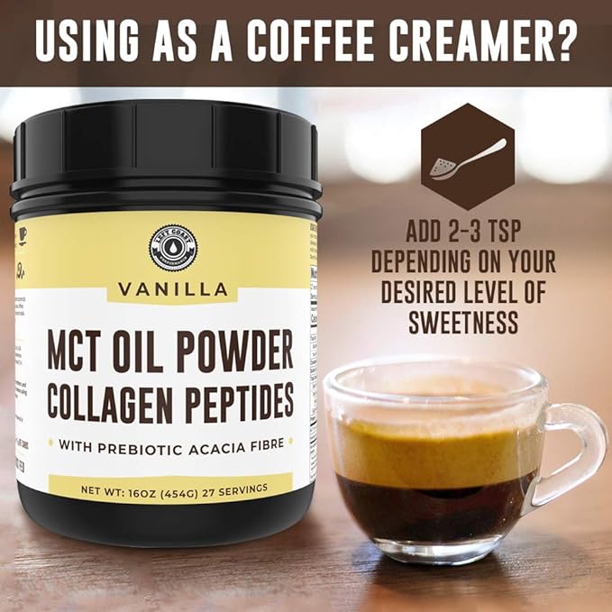 Keto MCT Oil Powder + Collagen + Prebiotic Acacia Fiber, Vanilla Flavor, 16oz. MCT Oil Powder from Coconuts. Grass Fed Collagen, Perfect for Keto, 0 Net Carb, Stevia, Erythritol, Powdered Drink