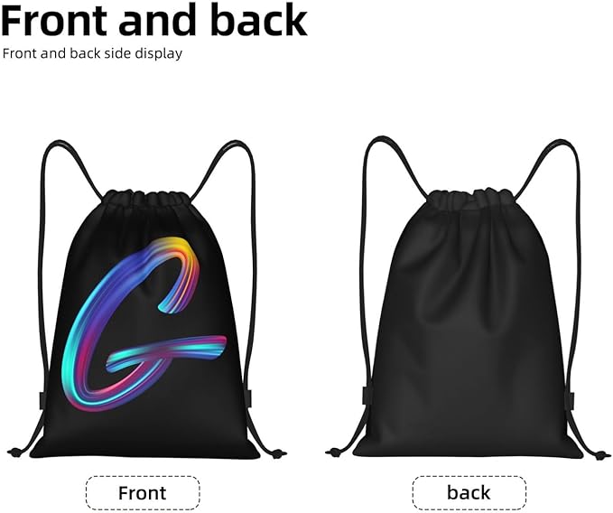 Drawstring Bags Initial Drawstring Backpack Sackpack Black Draw String Cinch Bags for Sports, Gym, Travel, Swimming, Beach, Camping, Rainbow Letter G