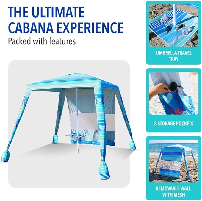 6x6 Easy Up Cabana - Sun Shelter with Privacy Wall, Canopy Includes Umbrella Table Tray, Towel Hanger, and Sand Anchor Shade (Beach Stripes)