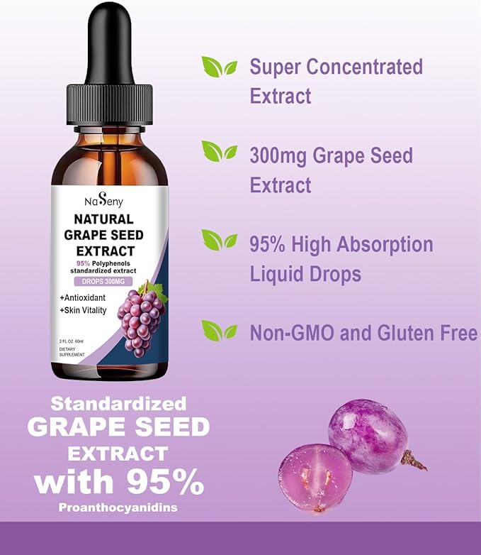 Natural Grape Seed Extract Drops-300 mg Grape Seed Extract Liquid Supplement - Maximum Strength Vitis Vinifera Seed Tincture, Standardized to 95% Polyphenols, Non-GMO, Gluten Free (60ml)