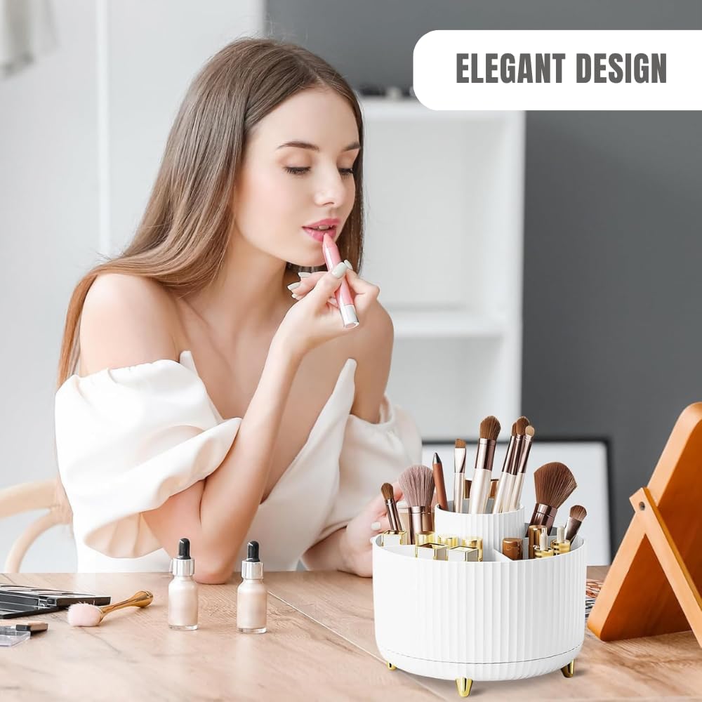 360° Rotating Makeup Organiser with 5 Compartments – Multi-Use Cosmetic Brush Holder and Desk Storage Container for Makeup, Jewelry, Stationery – Anti-Slip Base, Durable Design for Bedroom, (White)