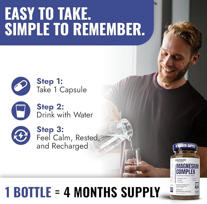 Magnesium Complex Supplement, 4 Month Supply of 500mg 5-in-1 Bisglycinate, Oxide, Taurate, Aspartate, Citrate, Max Absorption Magnesium Supplement for Calm, Sleep & Leg Cramps, 120 Capsule