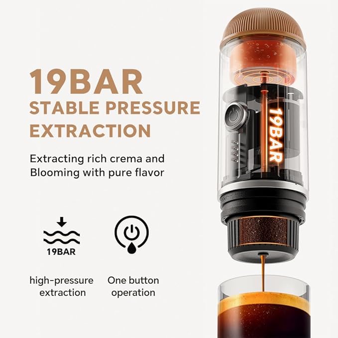 BENFUCHEN Portable Espresso Machine For Travel, Self-Heating Electric Espresso Maker, 19 Bar Portable Electric Espresso Machine For Camping On the Go For Ground Coffee and NESPRESSOpods, Brown