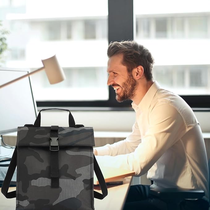 Insulated Lunch Bag for Men/Women,Roll top Reusable Lunch Box with Adjustable Shoulder Strap,Thermal Lunch Cooler Tote Container for Adults Work Office Picnic,Black Camouflage