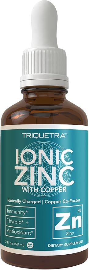 Ionic Zinc Plus Copper Liquid Concentrate 240 Servings, Glass Bottle, Vegan - Balanced Ratio of Zinc Copper - Supports Immunity, Brain Thyroid (2 oz.)