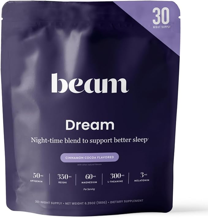 Beam Dream Sleep Powder, Natural Sleep Aid and Magnesium Hot Cocoa Drink for Adults, Calming Sleep Supplement with Apigenin, Nighttime Sleep Drink Powder, Third Party Tested Supplement, 30 Servings
