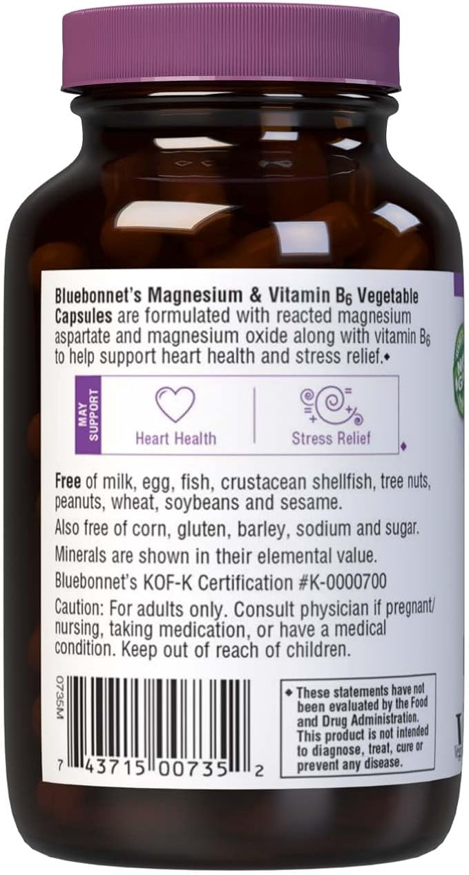 Bluebonnet Nutrition Magnesium & B6 – 400 mg Magnesium Oxide & Aspartate with Vitamin B6 25 mg – Heart & Brain Magnesium Complex for Women & Men* - Non-GMO, Vegan, Gluten-Free - 90 Vegetable Capsules