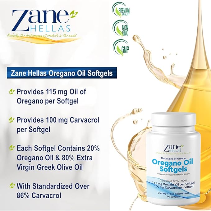 Zane Hellas Oregano Oil Softgels. Extra Strength. Every Softgel Contains 20% Greek Essential Oil of Oregano. 100 mg Carvacrol per Softgel. 60 Softgels.