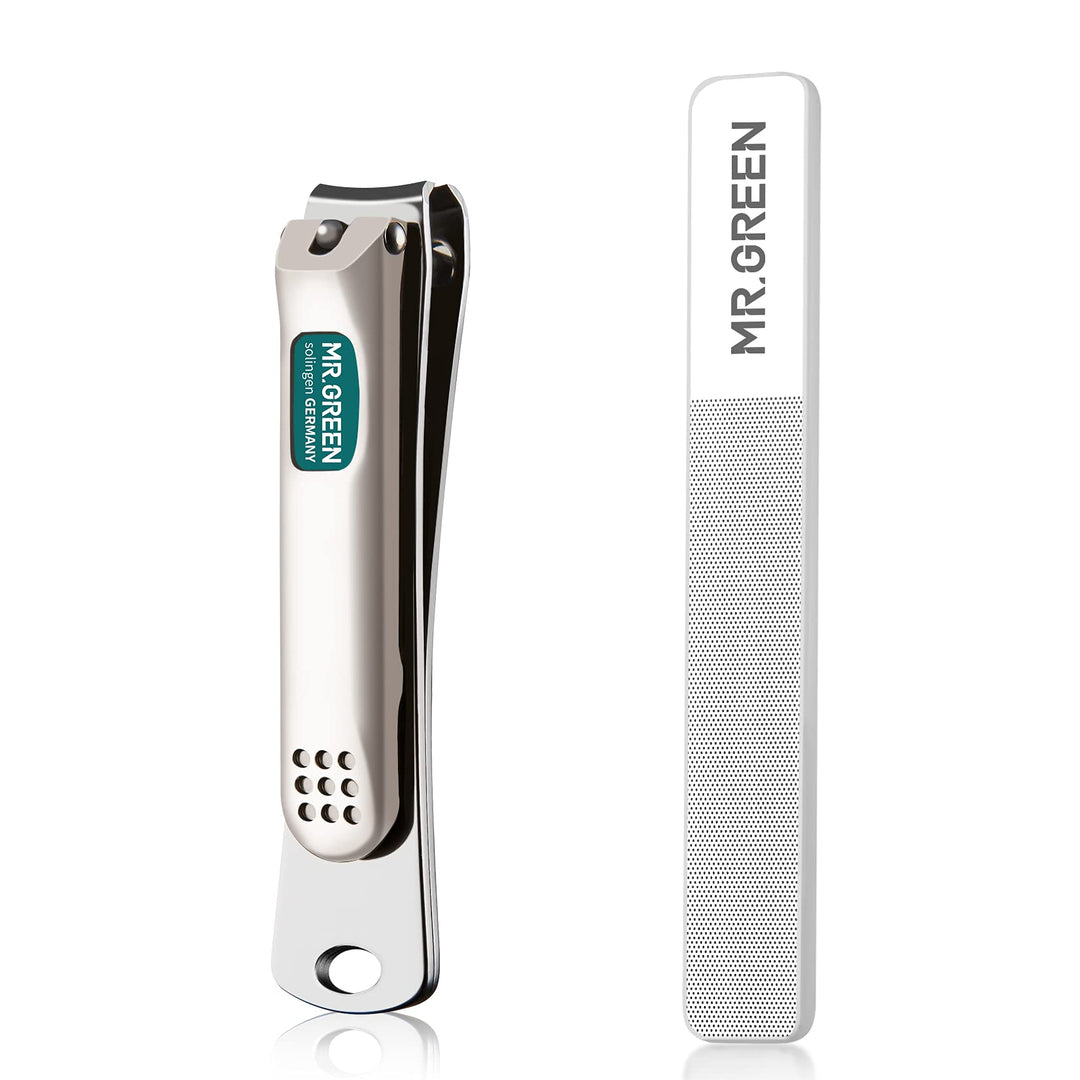 Mr.Green Nail Clippers Curved Blades Fingernail Cut Nippers Manicure Scissors Stainless Steel Pedicure Tools (Medium+Glass File)