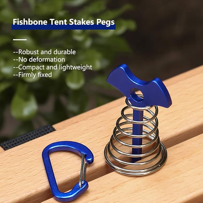 Fishbone Deck Anchor Pegs with Carabiners, Aluminium Deck Tent Stakes with Spring Buckle Aluminium Deck Windproof Tent Stakes for Outdoor Camping Hiking (10Pcs Silver)