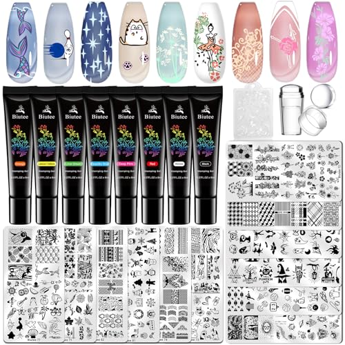 Biutee Nail Stamper Kit Nail Art Stamping Plate Set 8 Stamping Nail Polish Gel 12 Stamp Plate Jelly Silicone Stamper Flower Animal Lace Girl Star Rose Love Template Tool Supplies Holiday Design