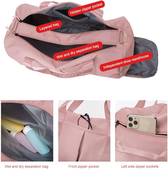Blackwheel Sports Gym Bag With Shoe Bag Wet Bag Duffle Bag Waterproof Travel Bag for Women Cute Gym Bag Pink 29L