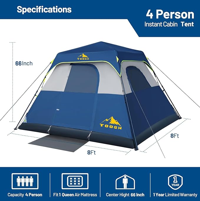 3/4 Person/6 Person Camping Tent Fast Cabin Tent with Instant Setup Tent, Weatherproof Tent Easy Quick Set Up & Pop Up in 60 Seconds with Rainfly Backpack for Family Camping,Upgraded Ventilation