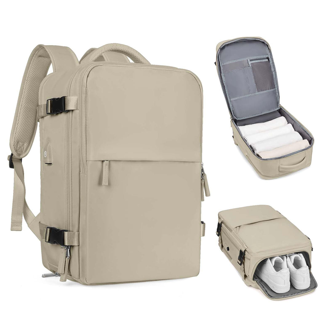 coofay Backpack, Laptop Travel Daypack for Women & Men, Airline Approved Carry On, 15.6'' Laptop Compartment, Waterproof, Anti-Theft, USB Port, Shoes Compartment, 2L, Khaki