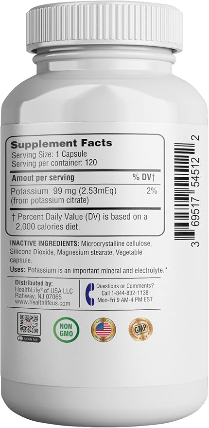 Health Potassium (Citrate) - Essential Electrolyte Supplement to Support Nerve & Muscle Function Heart Health & Energy* - Potassium Citrate Capsule - 120 Capsules
