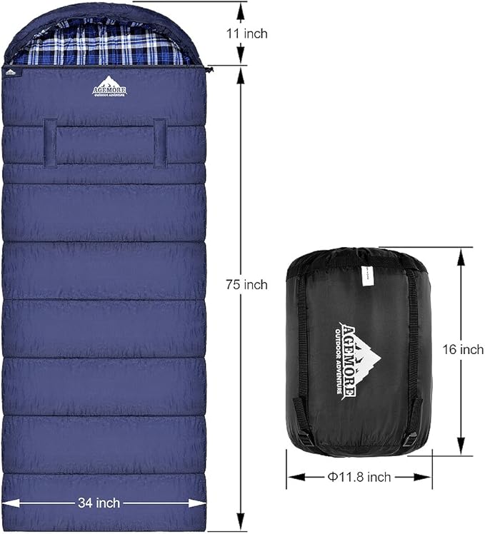 AGEMORE Cotton Flannel Sleeping Bag XL for Camping, Envelope Sleeping Bags for Adults 91"X35", Great for 3-4 Season Traveling, Hiking & Outdoor Activities, Waterproof Comfort with Compression Sack