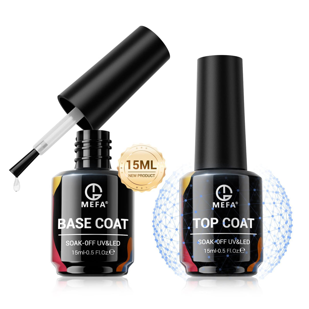 MEFA 2 Pcs 15ml Gel Top Coat and Base Coat Set, No Wipe Gel Nail Polish Base and Top Coat, Long Lasting Glossy Shine Effect Soak Off LED Nail Lamp Gel Top Base Coat Nail Art DIY Manicure Holiday Gifts