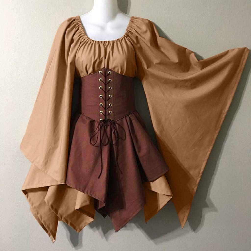 KEGIRLOM Overstock Items Clearance All Women's Medieval Renaissance Dress Costume Flare Sleeve Corset Skirt Overskirt Elven Archer Irish Over Gown 2pcs Set,Masquerade Dresses for Women