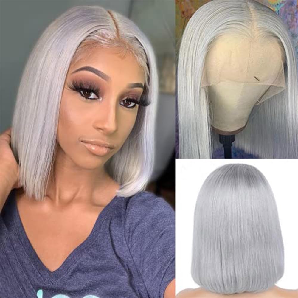 Grey Bob Wigs Human Hair 13X4 Lace Frontal 10Inch 180% Brazilian Virgin Hair Pre Plucked With Baby Hair For Women Glueless Hd Tr