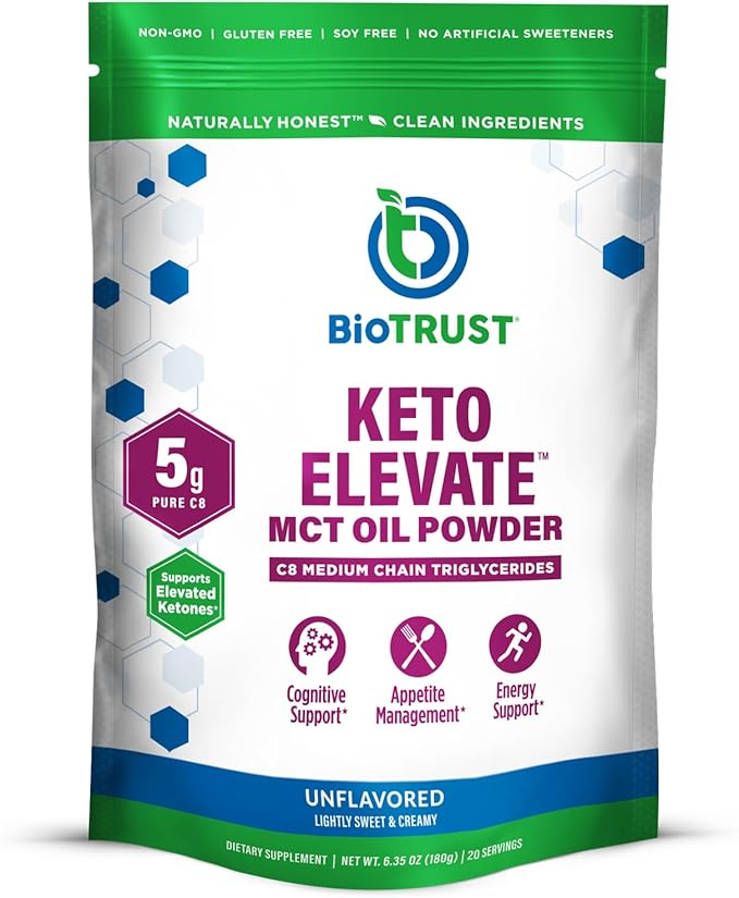 BioTrust Keto Elevate – C8 MCT Oil Powder – Ketogenic MCT Coffee Creamer, Keto Coffee Creamer – Clean Energy, Mental Focus & Clarity – 100% Caprylic Acid MCT Powder, Non-GMO (Unflavored, 20 Servings)