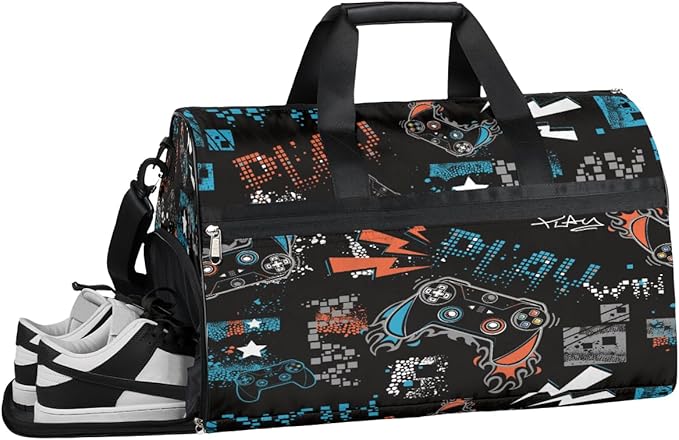 Joystick Game Dry Wet Depart Duffle Overnight Bag with Shoes Compartment & Wet Pockets, Doodle Water Resistant Weekender Travel Gym Pouch For Swim Gymnastics Ballet Sleepovers