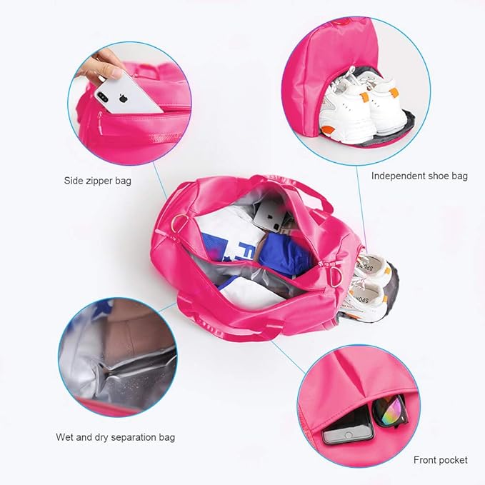 Blackwheel Sports Gym Bag With Shoe Bag Wet Bag Duffle Bag Waterproof Travel Bag for Women Cute Gym Bag Rose Red 29L