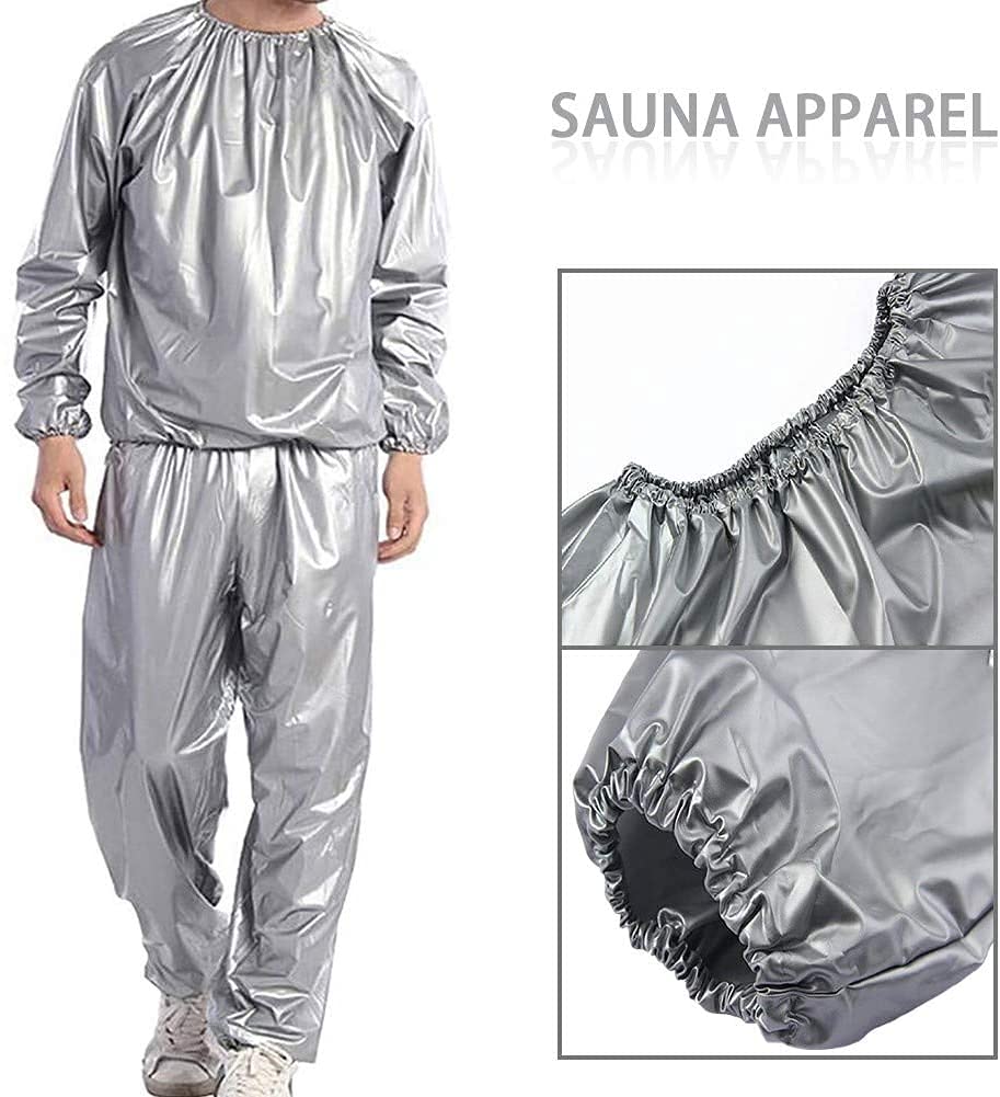 Heavy Duty Sauna Suit Men Women Weight Loss Exercise Slimming Gym Fitness Workout Anti-Rip Sweat Suit (Silver, M)