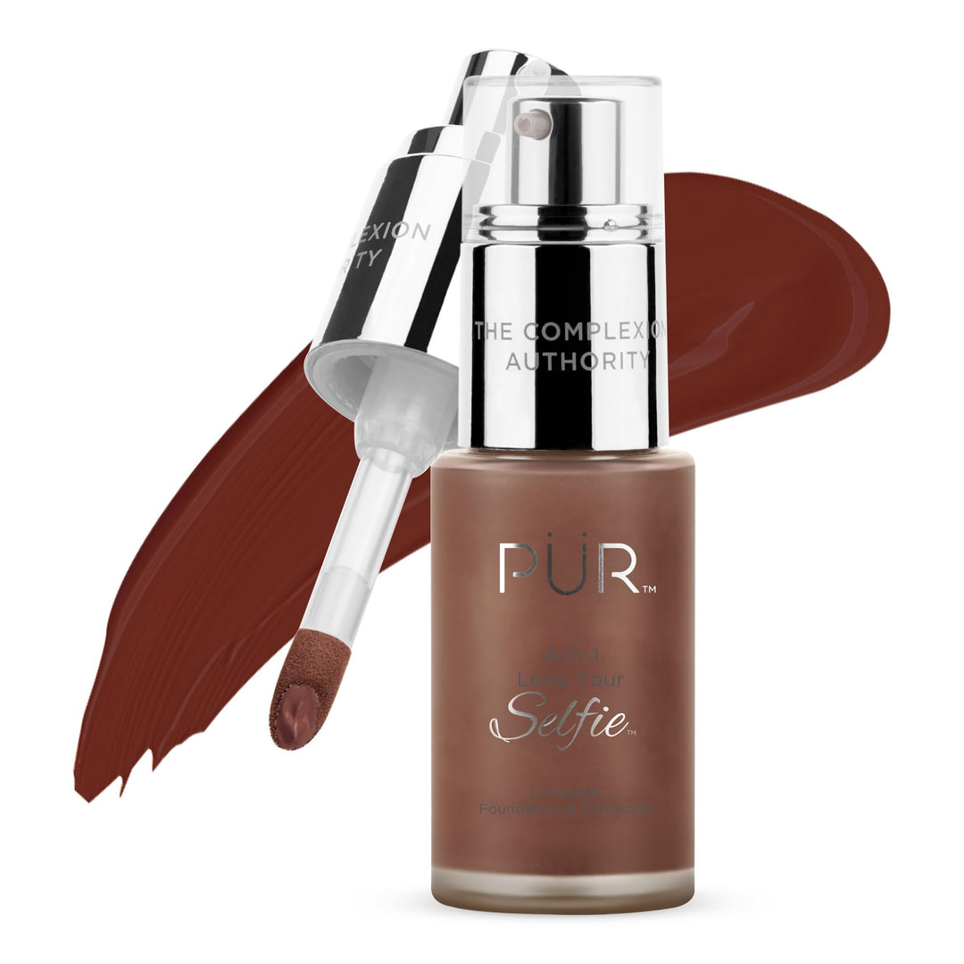 PÜR MINERALS 4-in-1 Love Your Selfie Longwear Foundation & Concealer, Full Coverage Liquid Foundation, Hydrating Formula, Cruelty Free