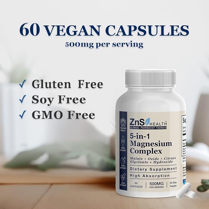 5-in-1 Magnesium Complex Spectrum 5 Magnesium Glycinate from ZnS Health, Malate, Citrate, Oxide, Hydroxide for Energy, Nerves, Muscles, Sleep, Joints, High Absorption 500 mg 60 Capsules Vegan Non-GMO