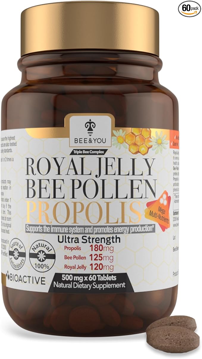 Bee and You Royal Jelly Tablet, Propolis Extract, Bee Pollen, 100% Natural Superfood, Ultra Pure, Immune Support Supplement, Improve Energy, Focus, Antioxidants, Fresh, Keto, Paleo, Gluten-Free | 60ct