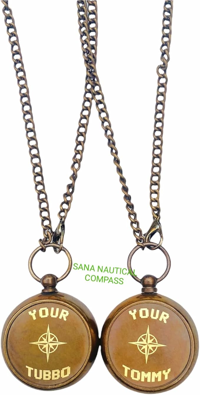 Antique Compass Your Tommy Your Tubbo Nautical Locket Compass Engraved Brass Compass with Leather Case Chain Compass (Both), Dark Brown