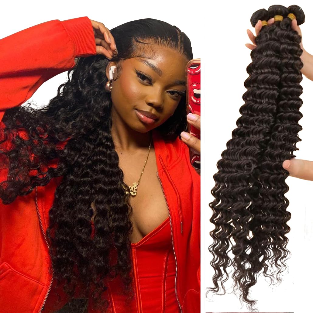 Younsolo Human Hair Bundles Deep Wave 3 Bundles (24 26 28Inches) 12A Grade Brazilian Virgin 100% Unprocessed Human Hair Deep Wav