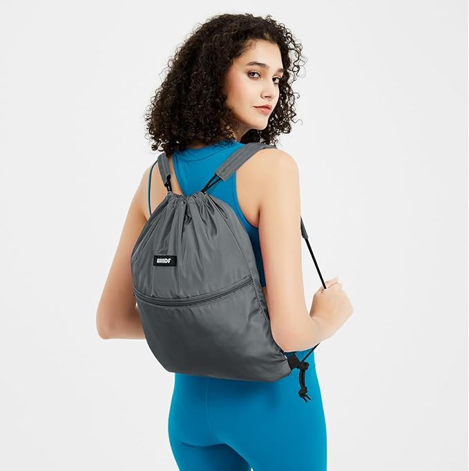 WANDF Drawstring Backpack Sports Gym Bag with Shoulder Pads Water Resistant String Bag Cinch Bag for Women Men (Grey)