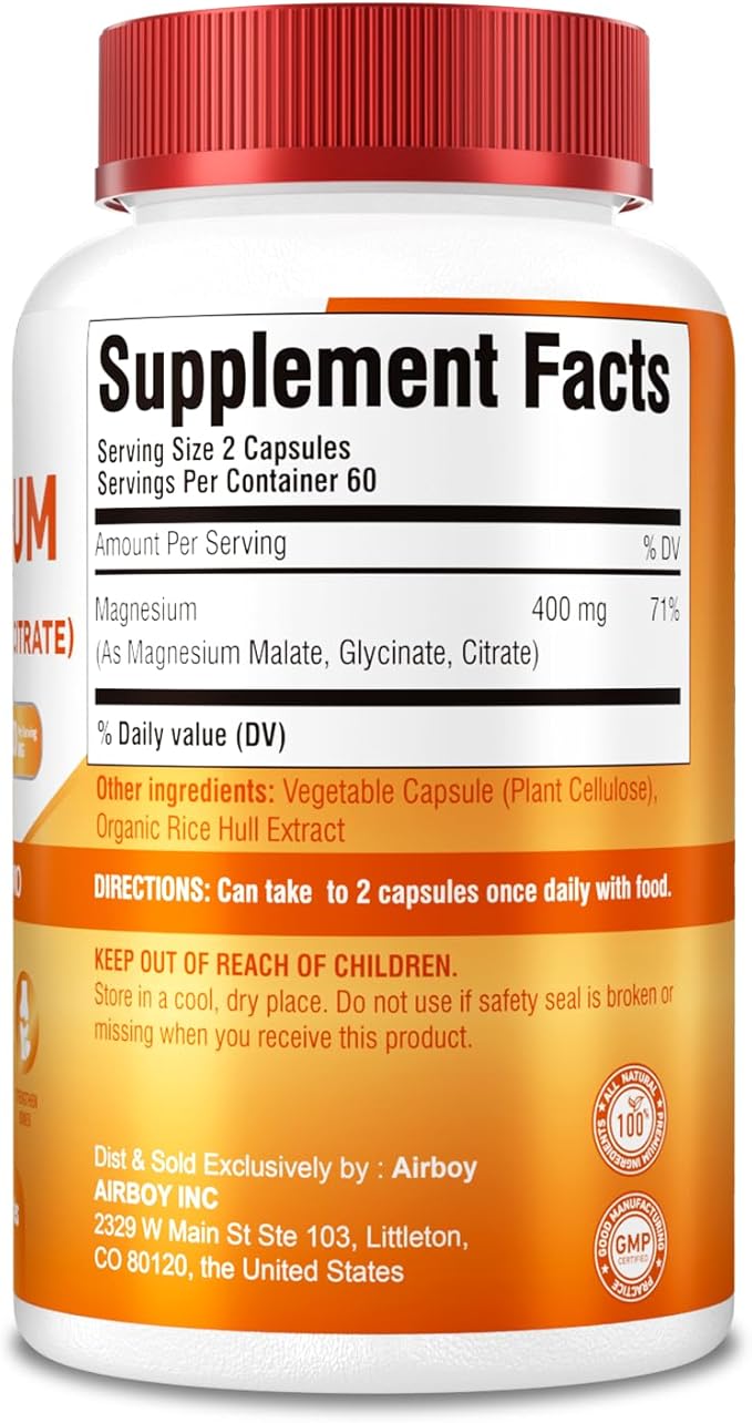 Airboy Magnesium Mineral Supplements Triple Magnesium Complex Supplement, 400mg of Magnesium Glycinate, Malate, Citrat, High Absorption Support Sleep, Muscle, and Relaxation,120 Vegan Capsules