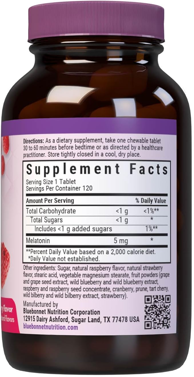 Bluebonnet Nutrition EarthSweet Melatonin 5 mg Fast-Acting Quick Dissolve Nighttime Relaxation & Restful Sleep Support - Sleep Aid - Gluten-Free, Vegan - Raspberry Flavor - 120 Chewable Tablets
