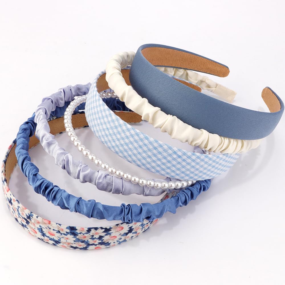 AHONEY 7 Pack Headbands for Girls Women Headbands Trendy Non Slip Hairbands Cute Hair Accessories Multi-style Preppy Headband Pack Diademas Para Mujer (Blue)