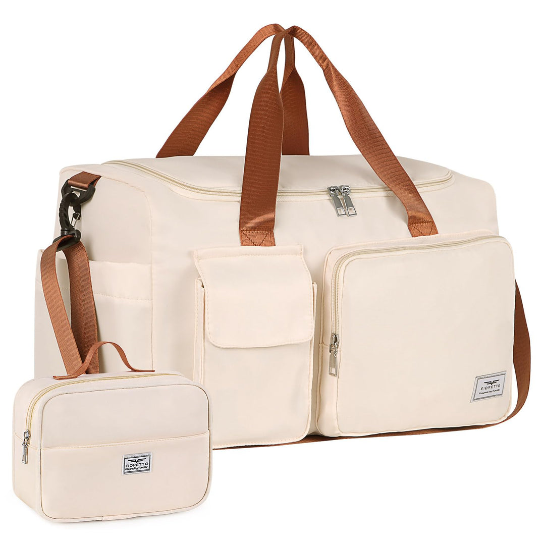 FIORETTO Women's Water-Resistant Gym Duffle Bag with Shoes Compartment, 37L Capacity, Multi-Functional, Ideal for Travel, Gym, Sports, Weekender, with Toiletry Bag, Beige