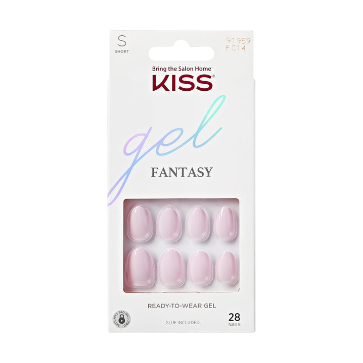 KISS Gel Fantasy, Press-On Nails, Nail glue included, 'Pure Love', Light Pink, Short Size, Almond Shape, Includes 28 Nails, 2G Glue, 1 Manicure Stick, 1 Mini File