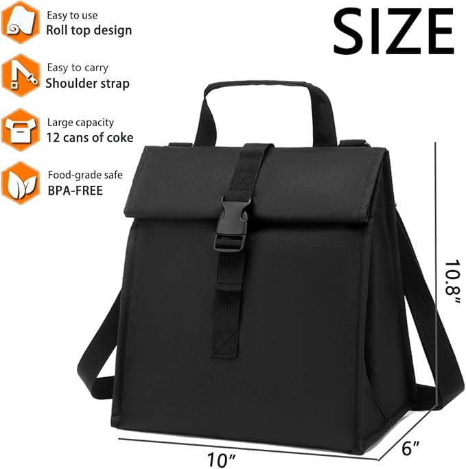 Insulated Lunch Bag for Men/Women/Kids, Roll top Reusable Lunch Box with Adjustable Shoulder Strap, Thermal Lunch Cooler Tote Container for Adults/Teens School Work Office Picnic,Black