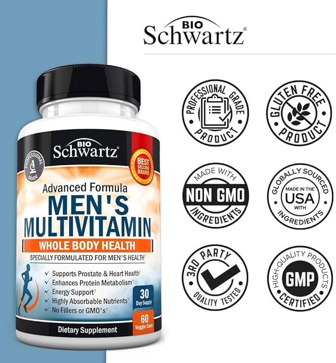 Advanced Daily Men's Multivitamin with Vitamin C A B D3 E and Zinc (1 Month Supply) Plus 65 Billion CFU Daily Probiotic Supplement (1 Month Supply)
