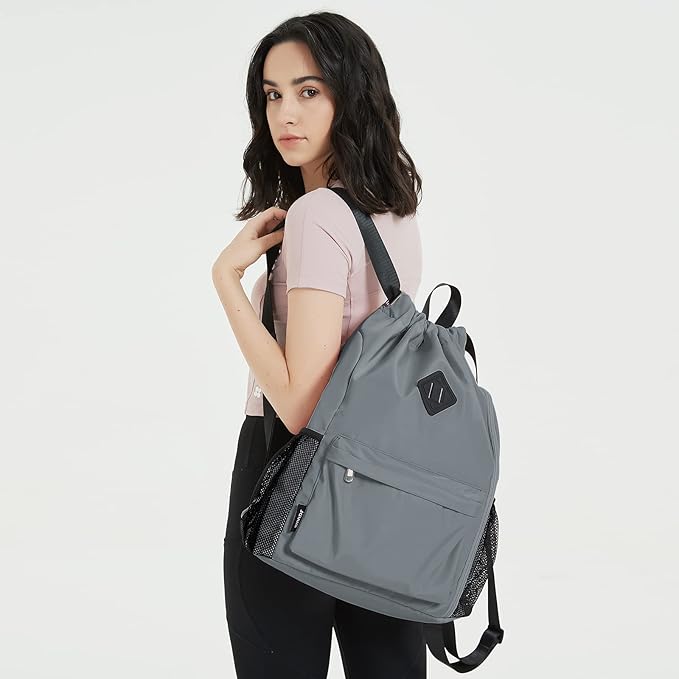 WANDF Drawstring Backpack Sports Gym Bag with Shoes Compartment, Water-Resistant String Backpack Cinch for Women Men(Large,Grey)