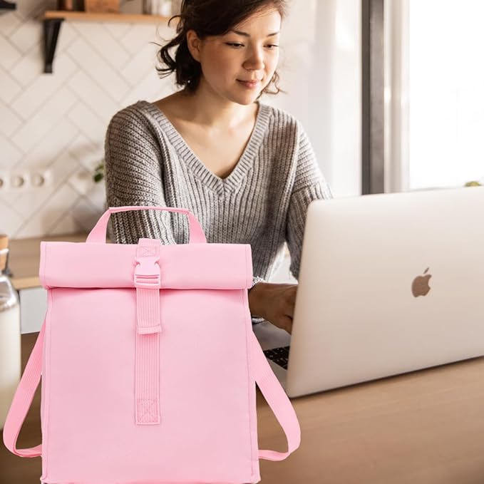 Insulated Lunch Bag for Men/Women/Kids, Roll top Reusable Lunch Box with Adjustable Shoulder Strap, Thermal Lunch Cooler Tote Container for Adults/Teens School Work Office Picnic,Pink