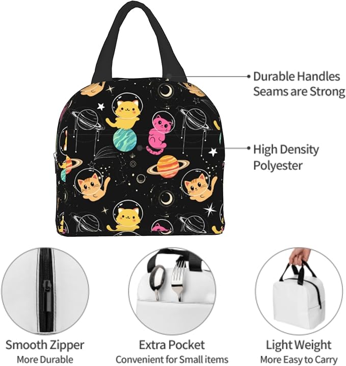Imiss Space Galaxy Lunch Bag for Kids, Cats Cute Reusable Cooler Insulated Lunch Box Tote Bag for Work Picnic School Travel