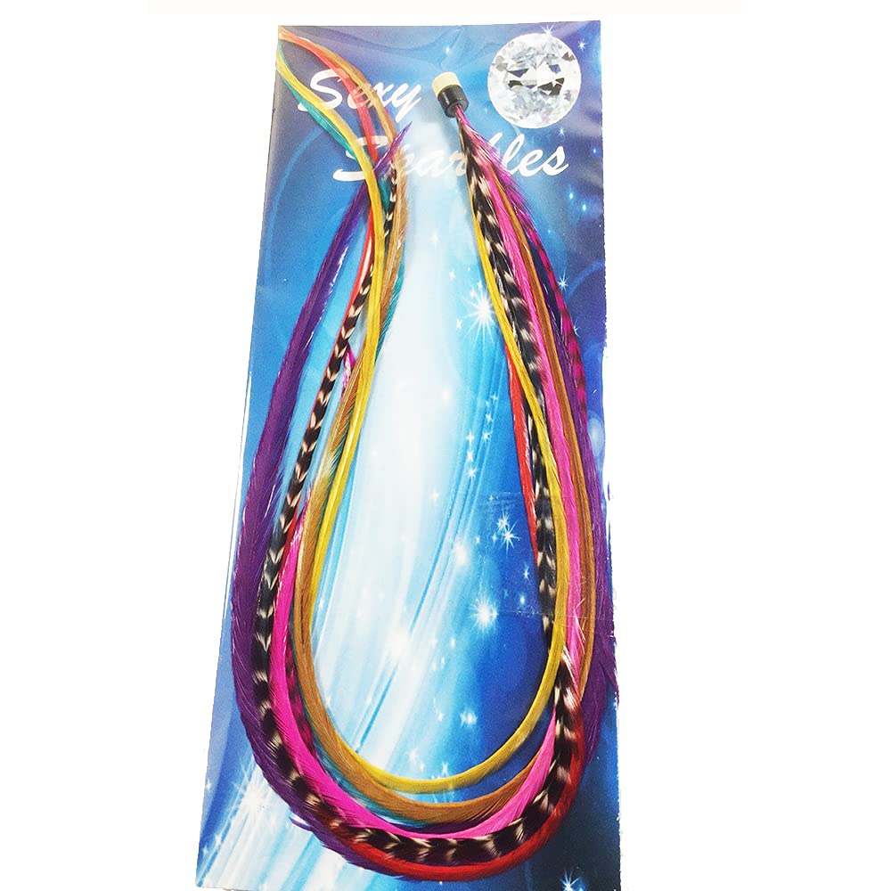Feather Hair Extension – Rainbow Mix, Eight Real Rooster Feathers, All Bonded at the Tip, Ranging From 8 to 11 Inches in Length, One Extension